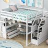 Full Size Loft Bed with Desk and Shelves, Two Built-in Drawers, Storage Staircase, White