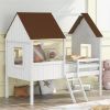 Twin Size Low Loft Wood House Bed with Two Side Windows (White+Brown)