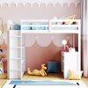 Full Size Loft Bed with Ladder, Shelves, and Desk, White