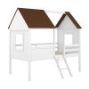 Twin Size Low Loft Wood House Bed with Two Side Windows (White+Brown)