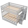 Full over Full Bunk Bed with Trundle and Staircase,Gray