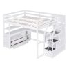 Full Size Loft Bed with Desk and Shelves, Two Built-in Drawers, Storage Staircase, White