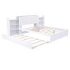 Queen Size Storage Platform Bed with Pull Out Shelves and Twin XL Size Trundle, White