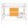 Full size Loft Bed with Desk and Writing Board, Wooden Loft Bed with Desk & 2 Drawers Cabinet- White