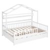 Wooden Full Size House Bed with Twin Size Trundle,Kids Bed with Shelf, White