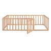 Twin Size Wood Floor Bed Frame with Fence and Door, Natural