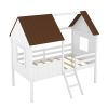 Twin Size Low Loft Wood House Bed with Two Side Windows (White+Brown)