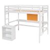 Full size Loft Bed with Desk and Writing Board, Wooden Loft Bed with Desk & 2 Drawers Cabinet- White