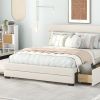 Queen Upholstered Platform Bed with Twin Size Trundle and Two Drawers, Beige