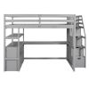 Full Size Loft Bed with Desk and Shelves, Two Built-in Drawers, Storage Staircase, Gray