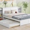 Queen Size Storage Platform Bed with Pull Out Shelves and Twin XL Size Trundle, White