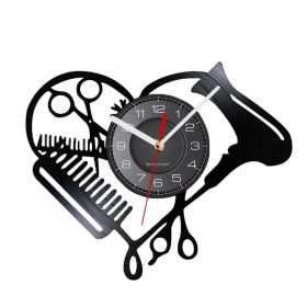 Barber Shop Tools Vinyl Record Wall Clock Beauty Hair Salon Heart Shape Dryer Scissor Comb Hairstylist Design Silent Clock Watch (Color: Without lights)